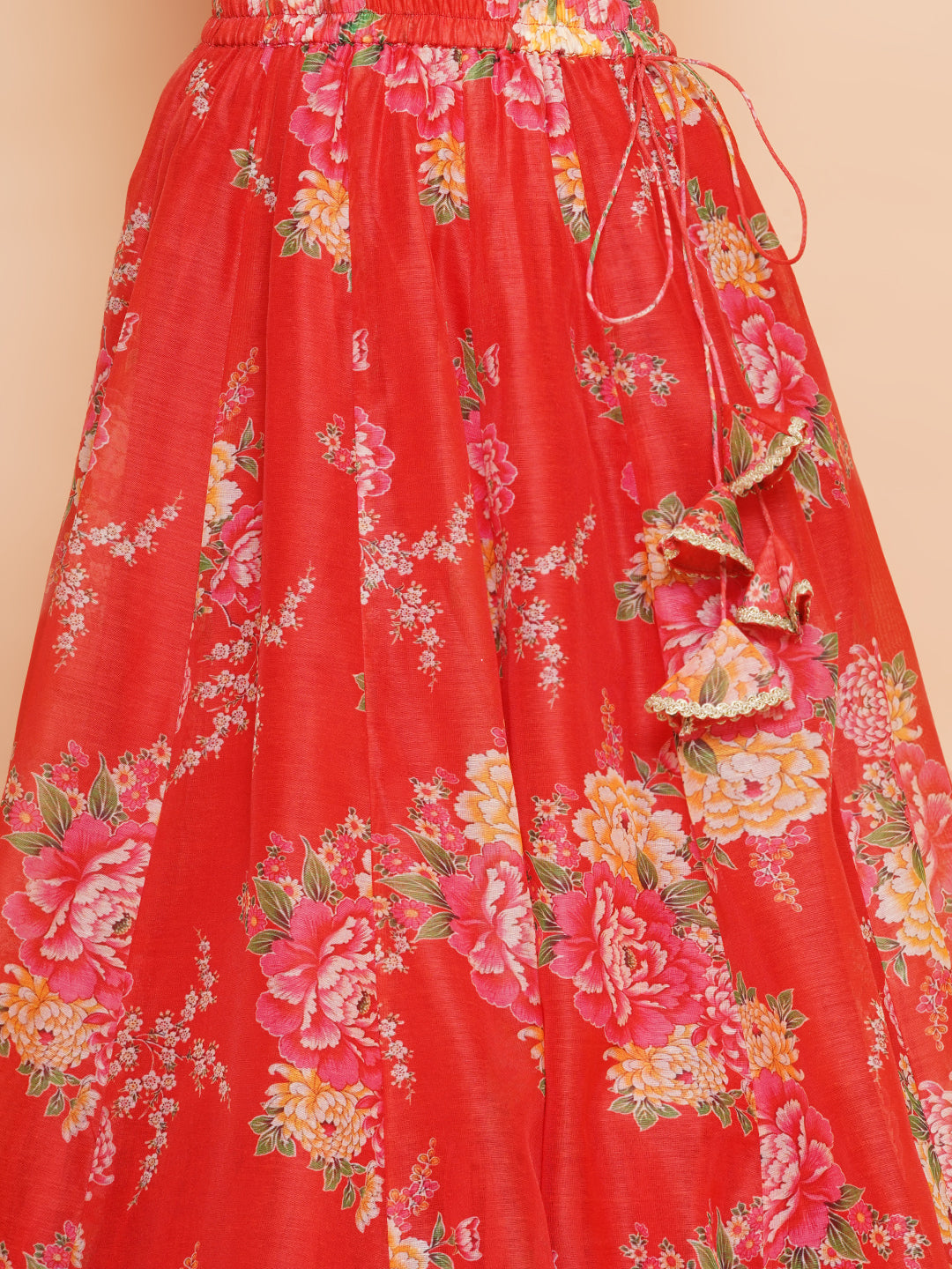 Girls Red & Green Digital Flower Print Lace work Choli Lehenga with Dupatta