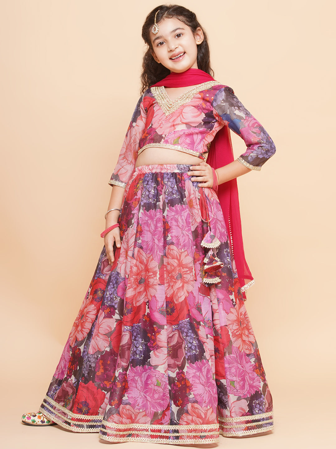 Girls Purple & Pink Digital Flower Print Lace work Choli Lehenga with Dupatta