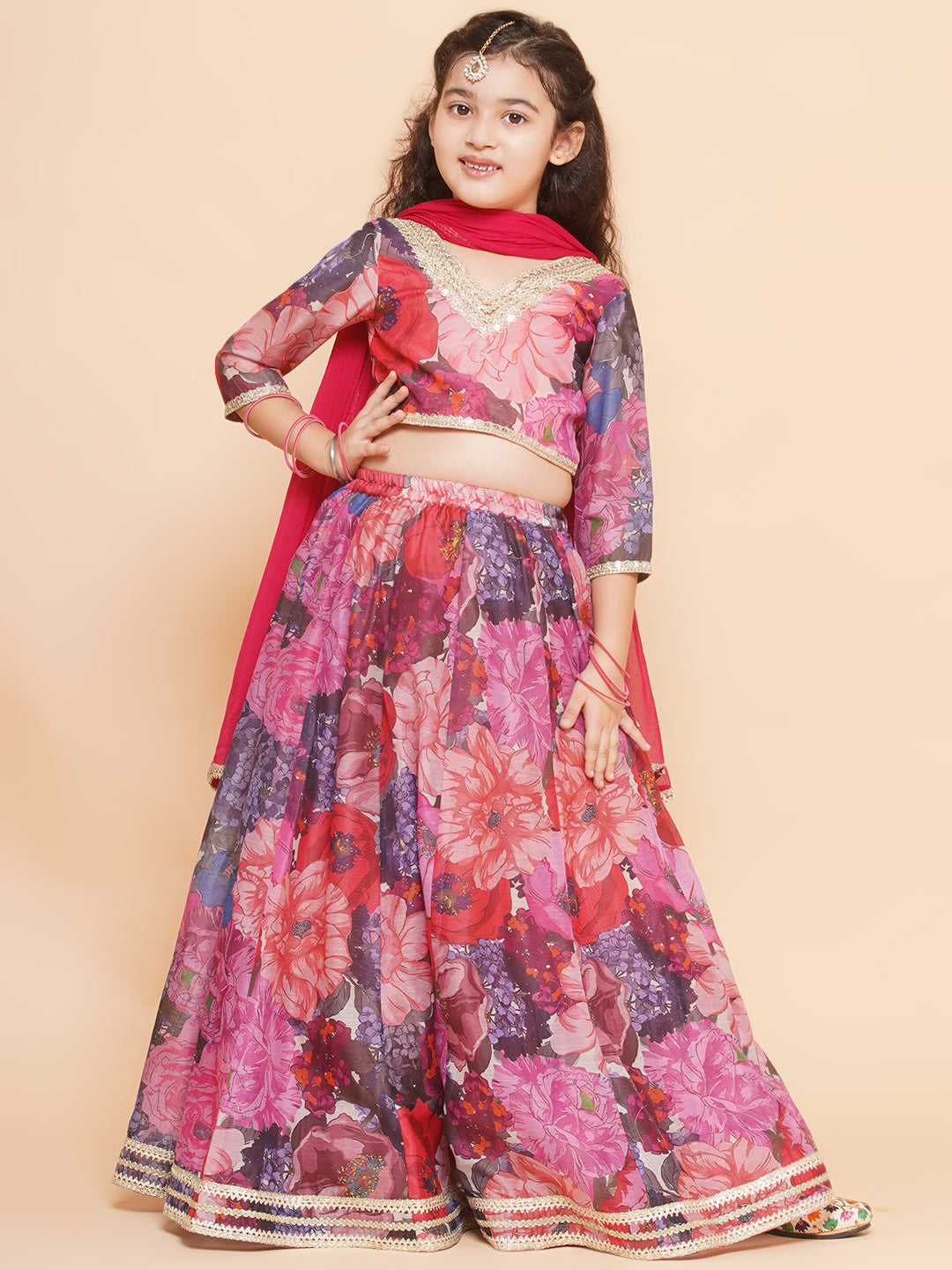 Girls Purple & Pink Digital Flower Print Lace work Choli Lehenga with Dupatta