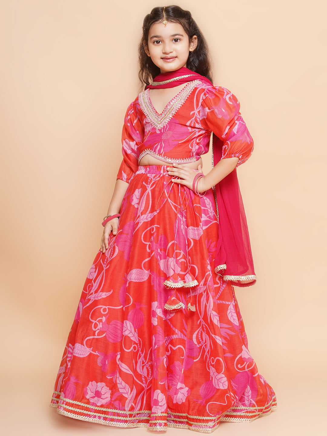 Girls Red & Pink Digital Flower Print Lace work Choli Lehenga with Dupatta