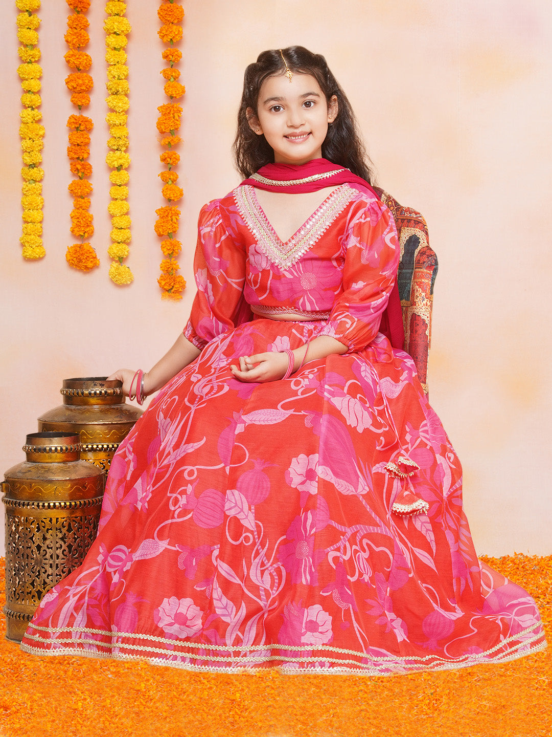 Girls Red & Pink Digital Flower Print Lace work Choli Lehenga with Dupatta