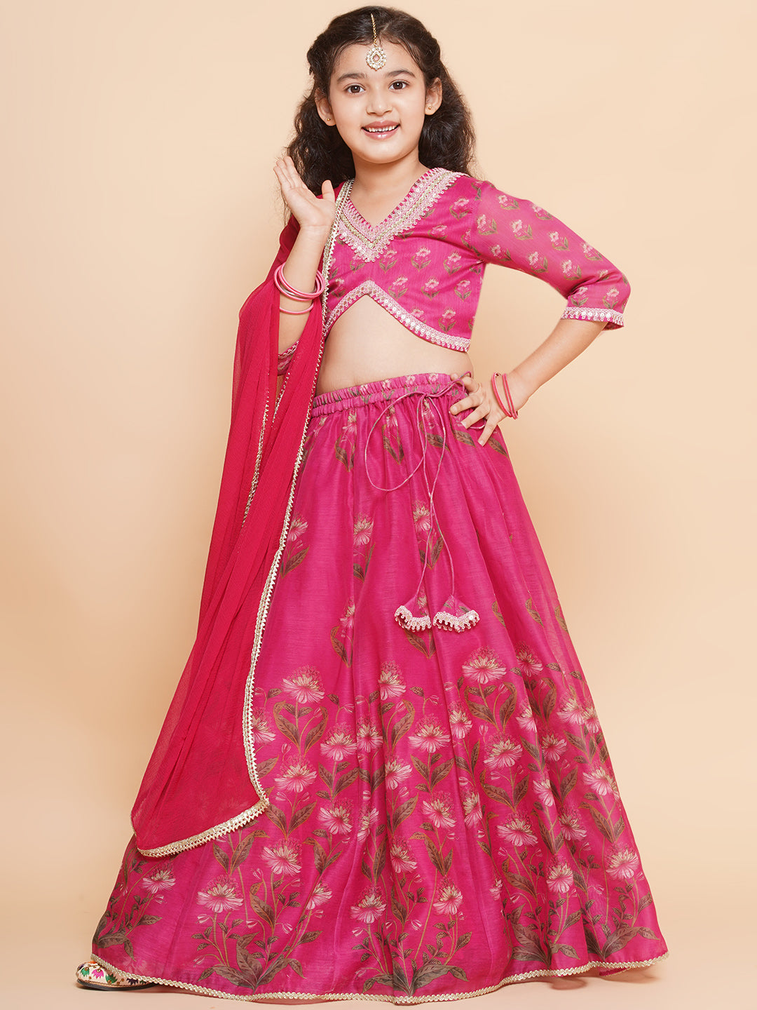 Girls Dark Pink Floral Printed Ready to Wear Lehenga & Blouse With Dupatta