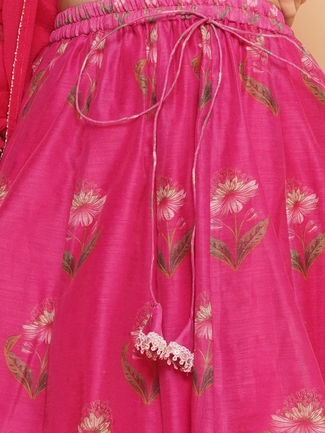 Girls Dark Pink Floral Printed Ready to Wear Lehenga & Blouse With Dupatta
