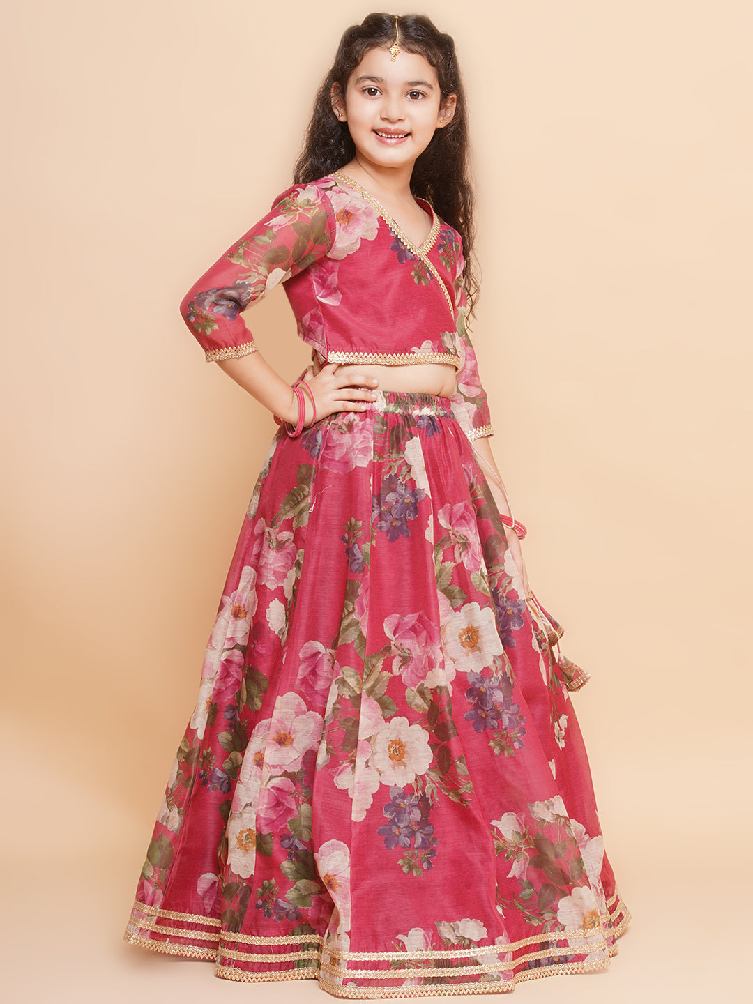 Girls Maroon Floral Printed Ready to Wear Lehenga & Blouse With Dupatta