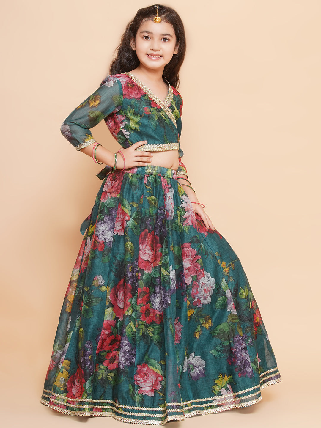 Girls Green Floral Printed Ready to Wear Lehenga & Blouse With Dupatta
