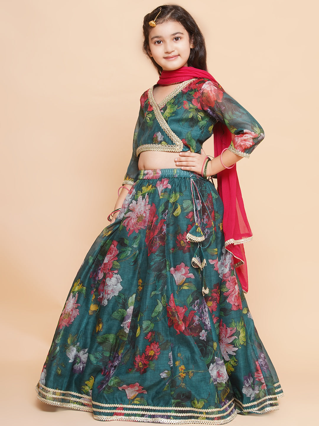 Girls Green Floral Printed Ready to Wear Lehenga & Blouse With Dupatta