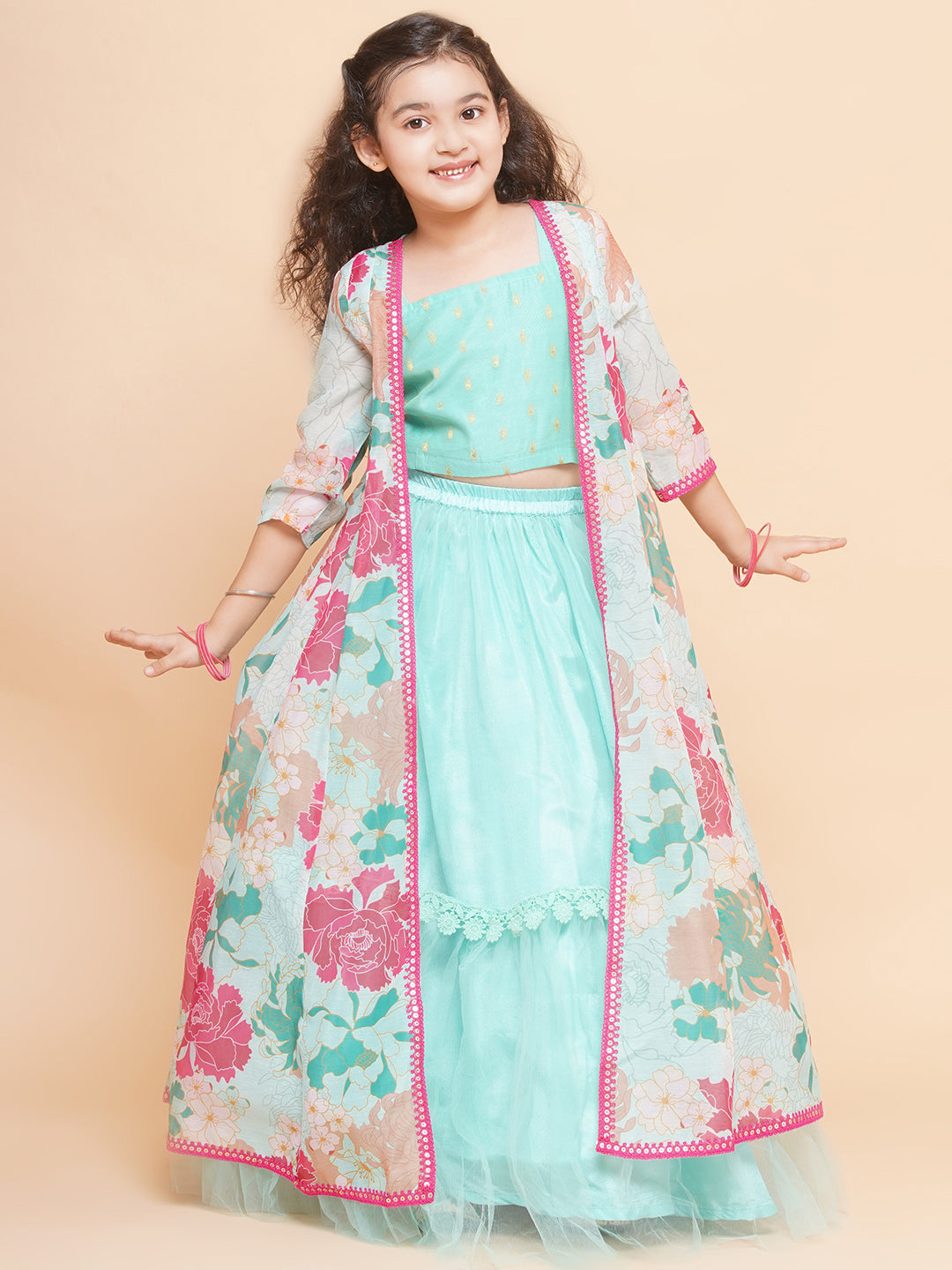 Girls Sea Green Multi Floral Printed Ready to Wear Lehenga & Blouse With Shrug