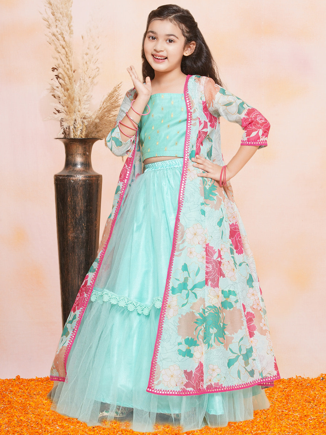 Girls Sea Green Multi Floral Printed Ready to Wear Lehenga & Blouse With Shrug