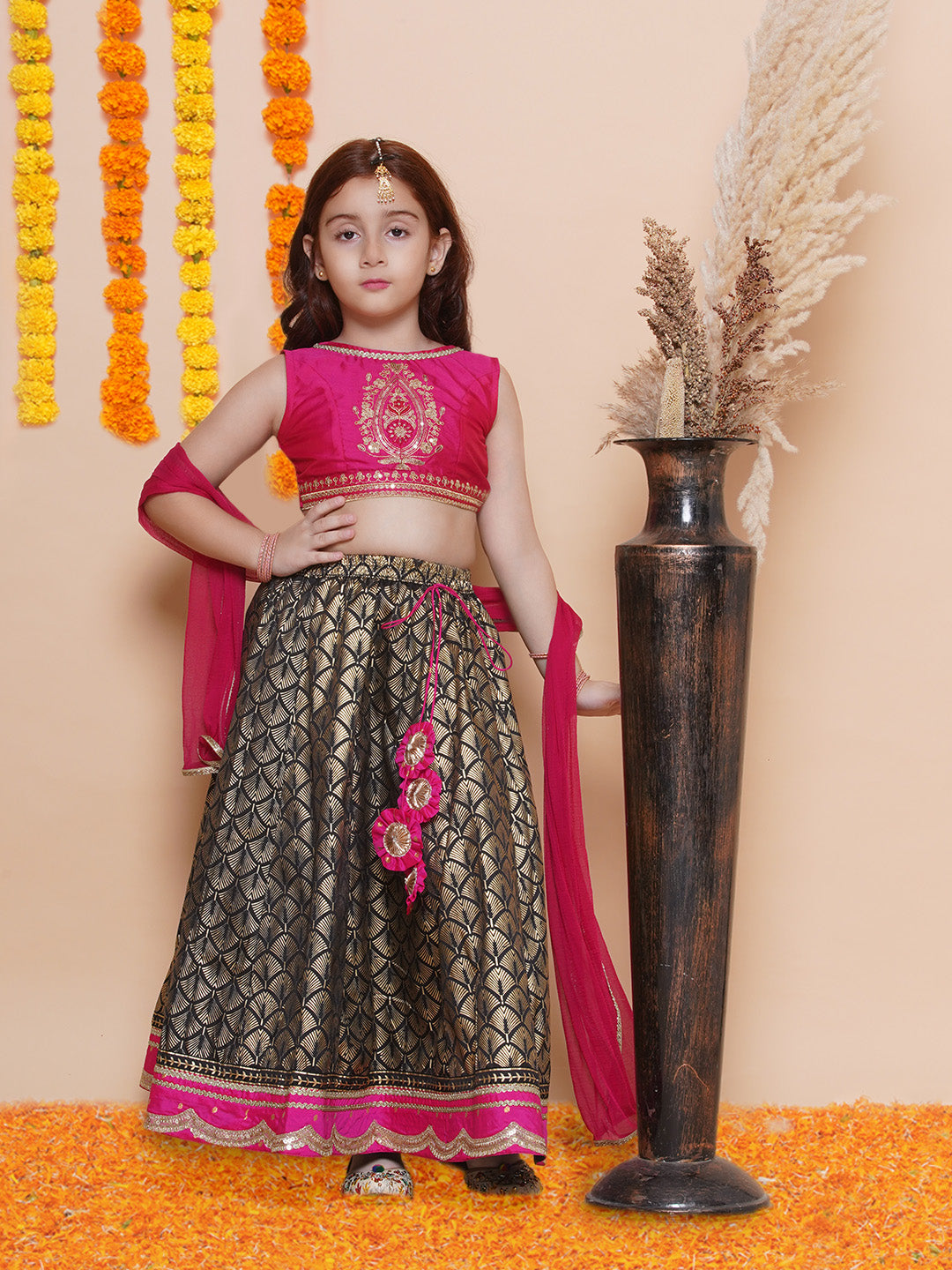 Girls Pink Embroidered Choli & Black foil printed Ready to Wear Lehenga With Dupatta