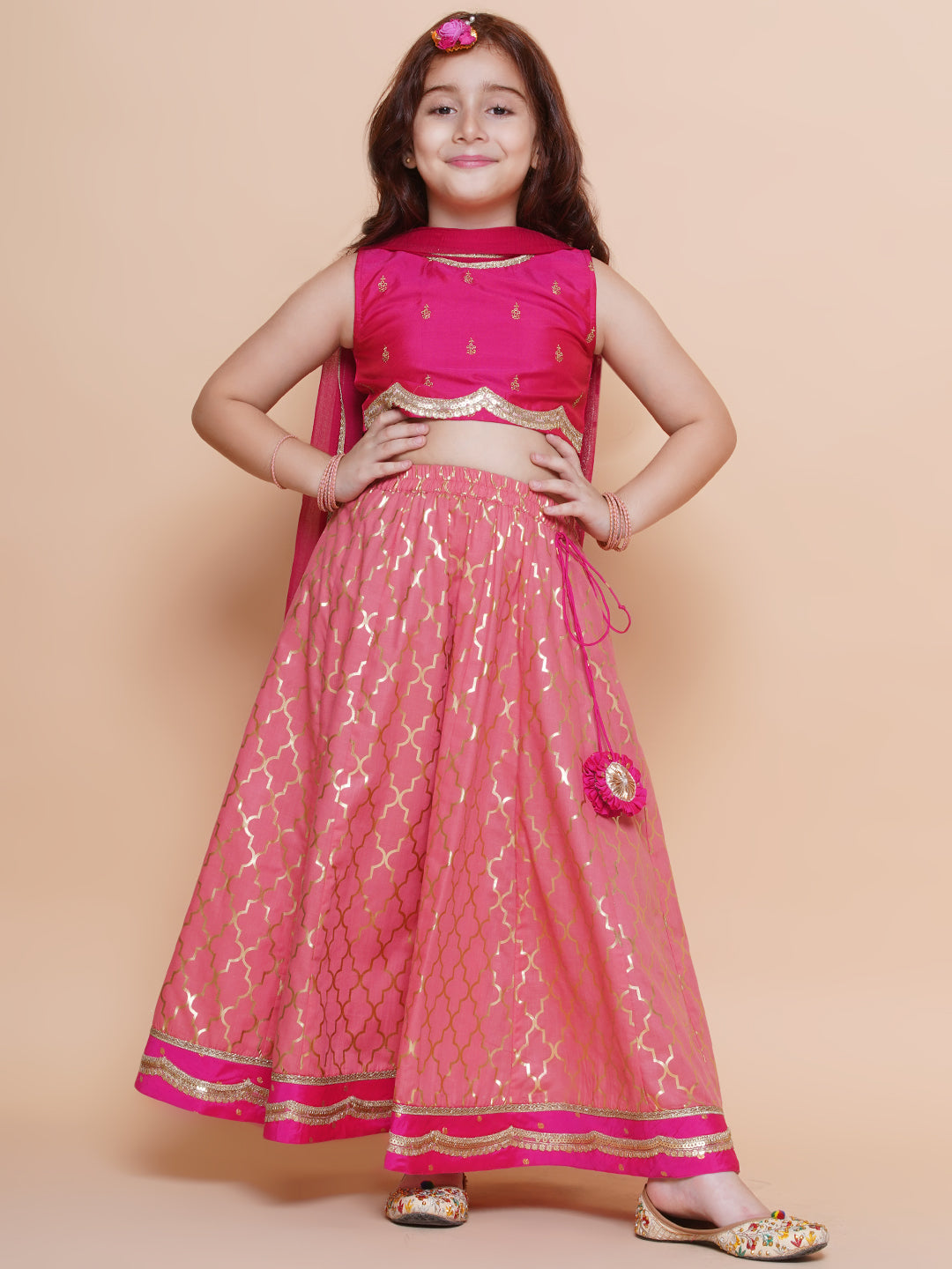 Girls Pink Embroidered Choli Peach Jaal foil printed Lehenga With Dupatta