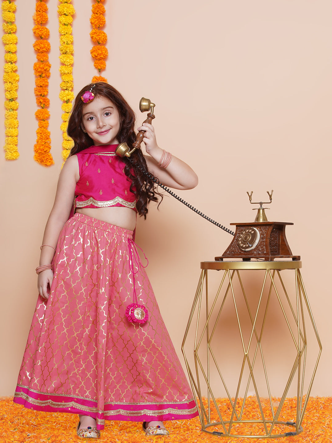 Girls Pink Embroidered Choli Peach Jaal foil printed Lehenga With Dupatta
