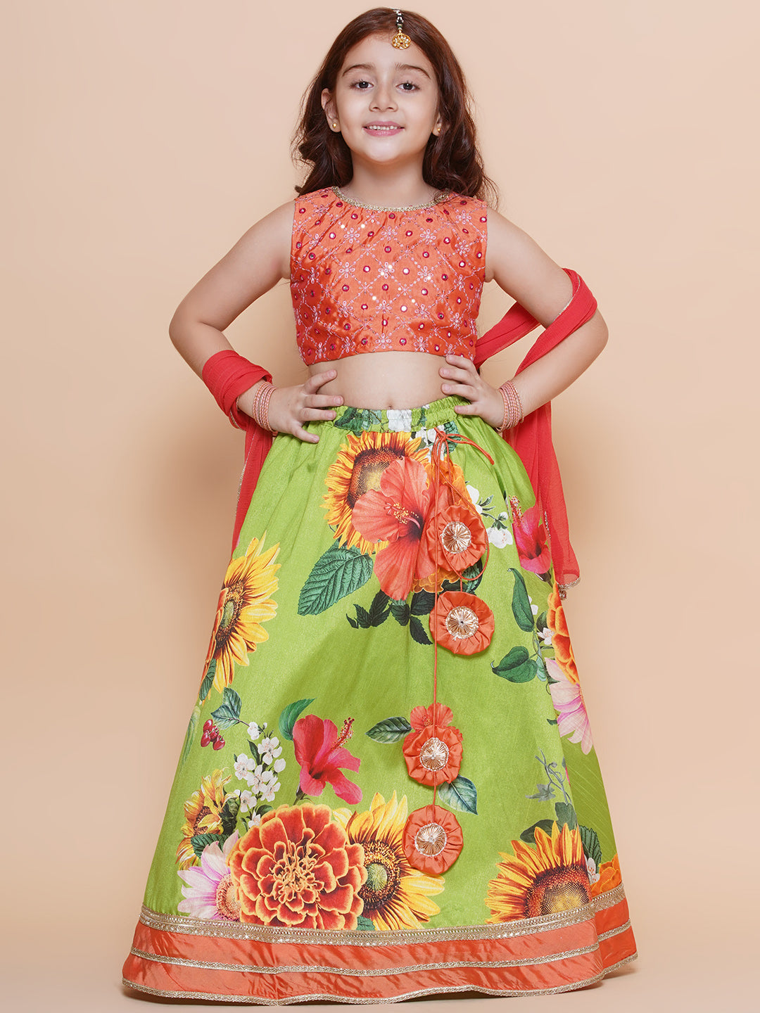 Girls Orange Embroidered Choli Green Flower printed Lehenga With Dupatta