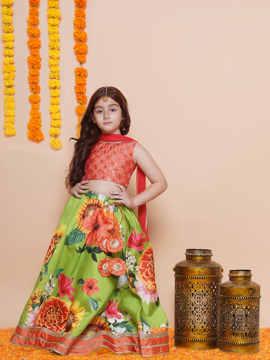 Girls Orange Embroidered Choli Green Flower printed Lehenga With Dupatta