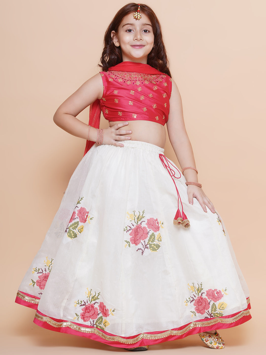 Girls Peach embroidered choli & floral embroidered Design Lehenga With Dupatta