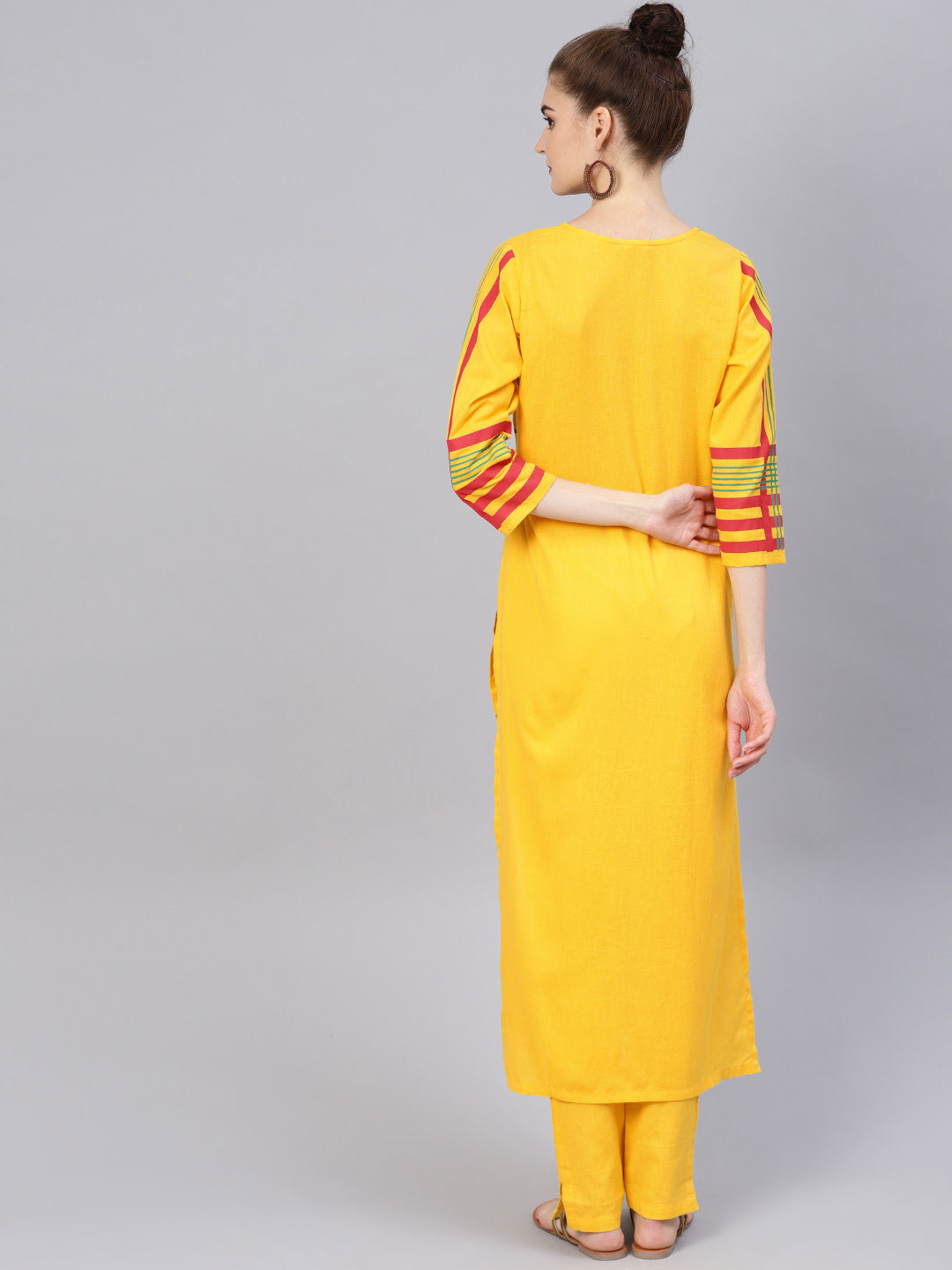 Women Yellow red and golden Block printed printed kurta with trousers - NOZ2TOZ