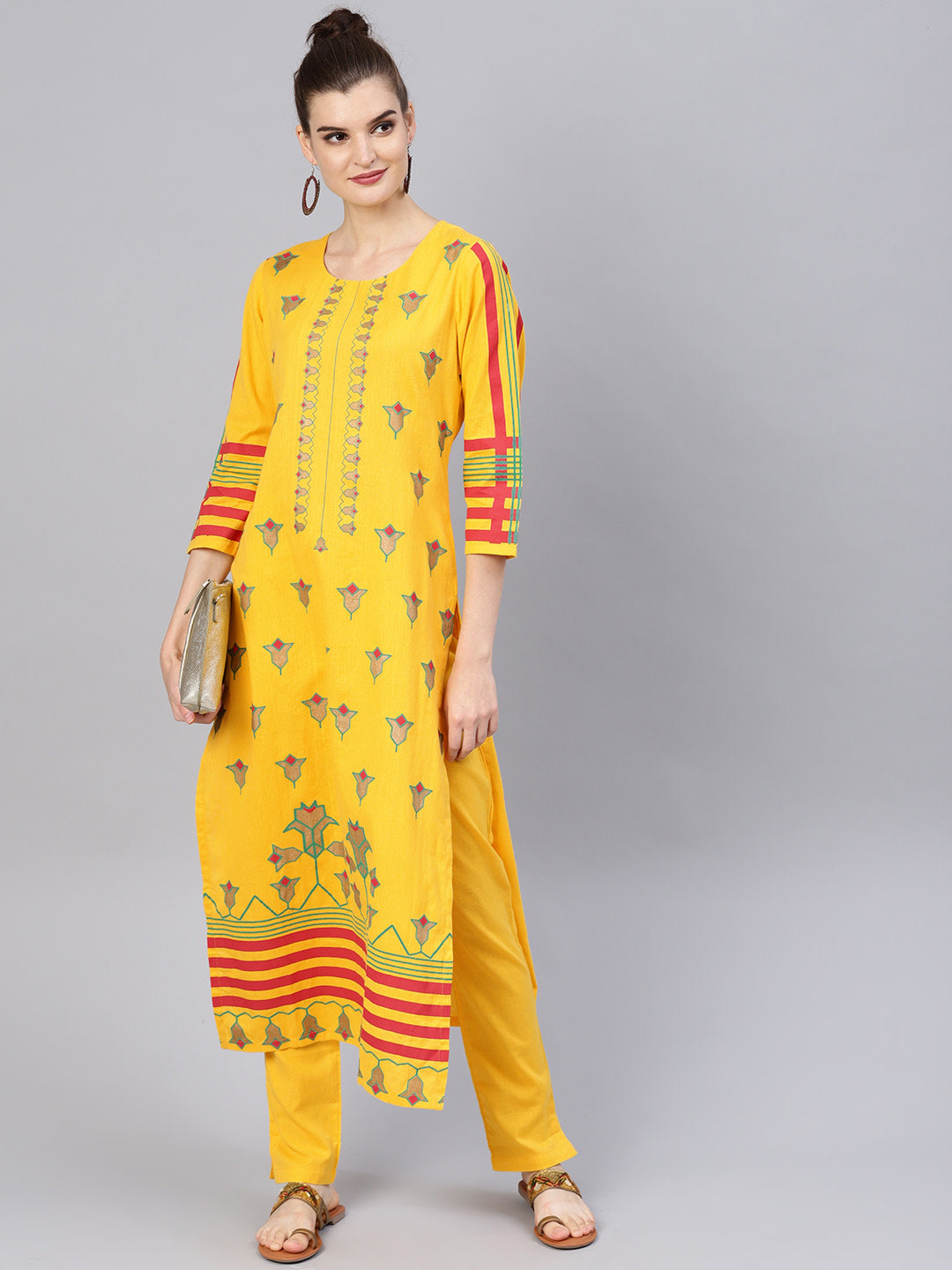 Women Yellow red and golden Block printed printed kurta with trousers - NOZ2TOZ