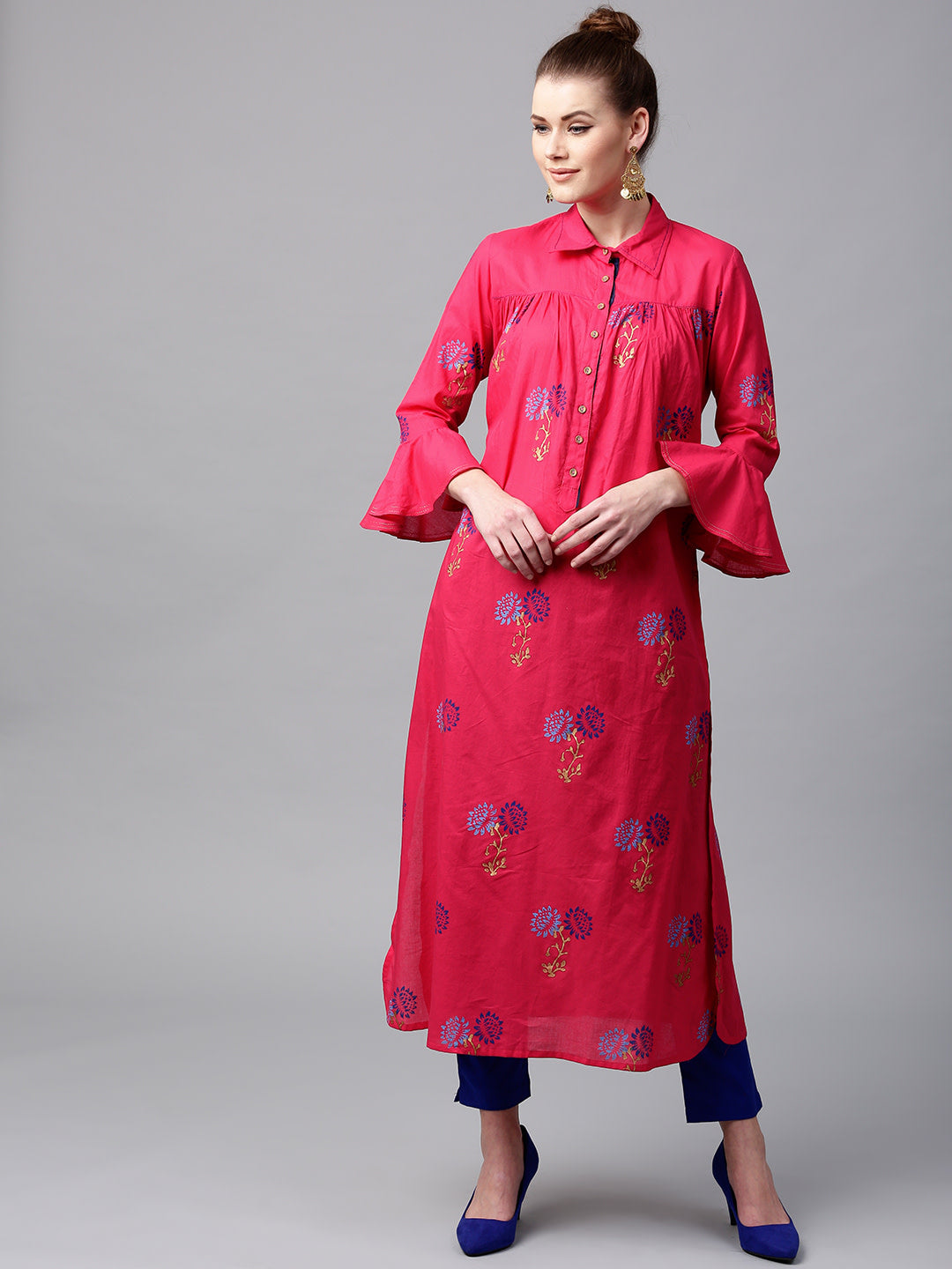 Women Pink and blue printed pathani kurta - NOZ2TOZ