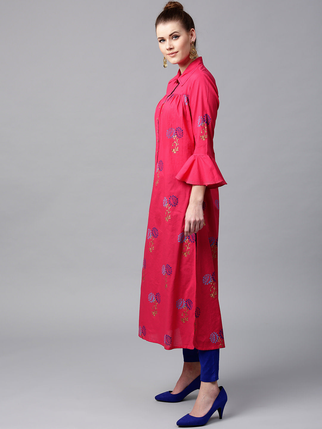 Women Pink and blue printed pathani kurta - NOZ2TOZ