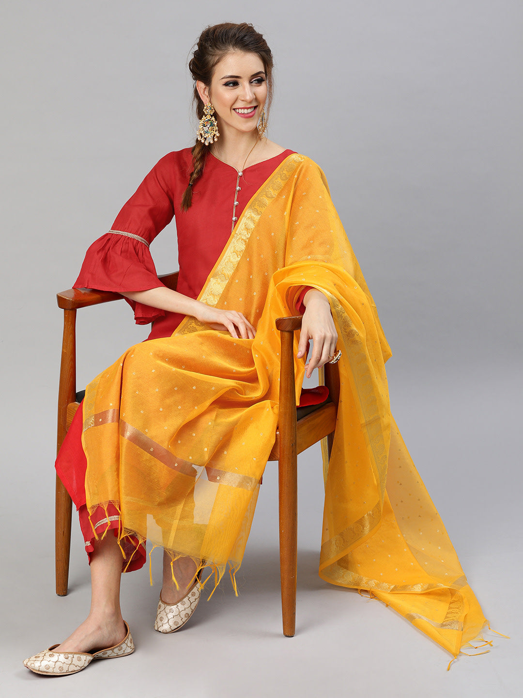 Red and Mustard yellow solid kurta with palazzos and dupatta - NOZ2TOZ