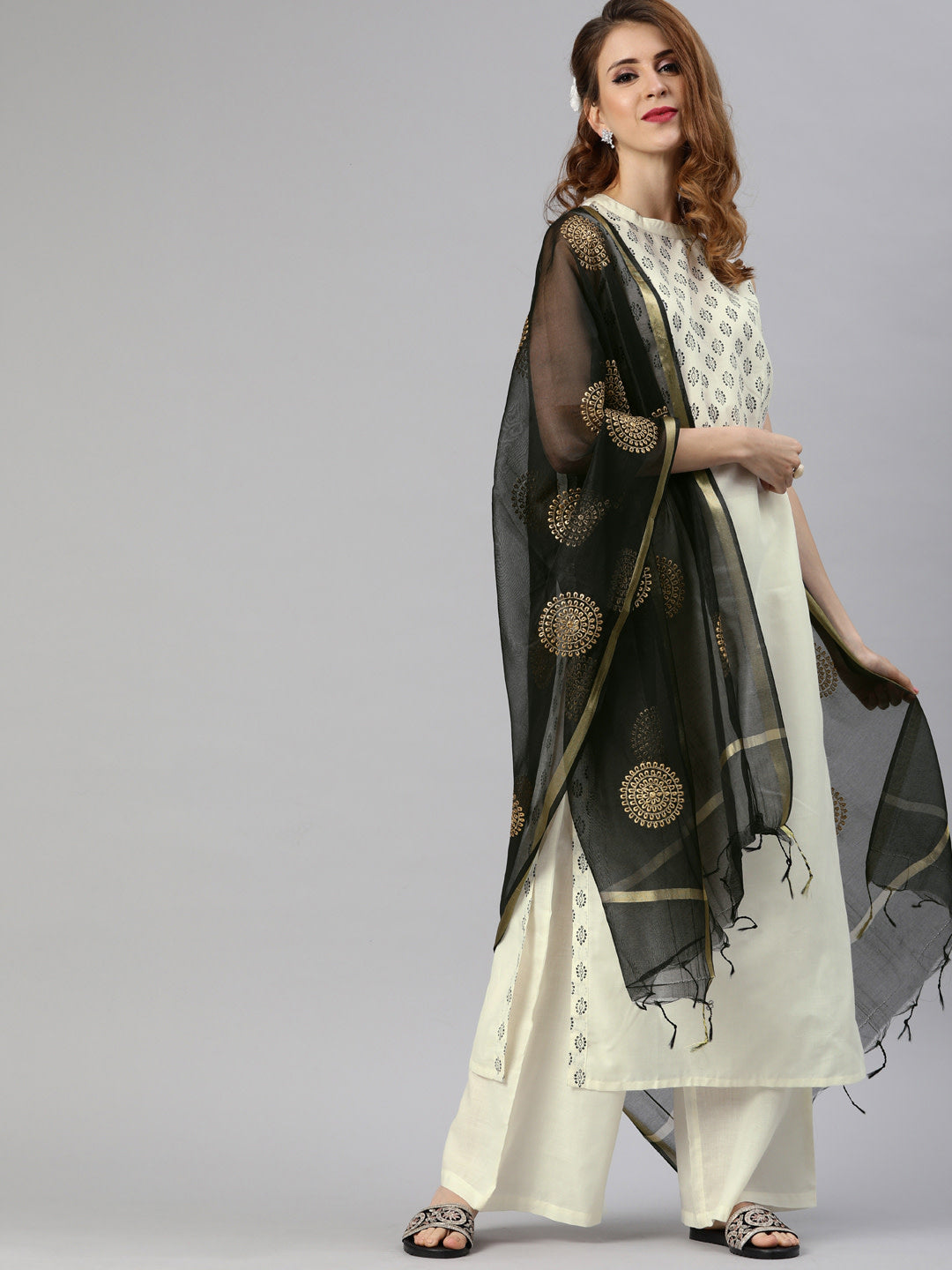 Women White and black printed kurta with palazzos and dupatta - NOZ2TOZ