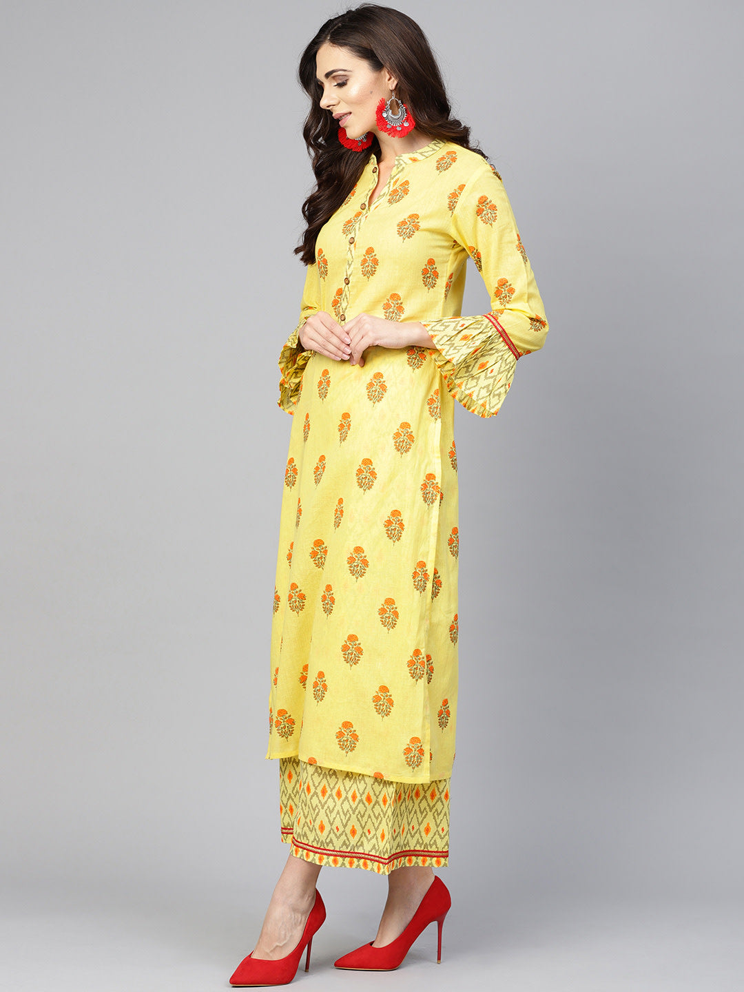 Yellow and grey printed kurta with palazzos - NOZ2TOZ