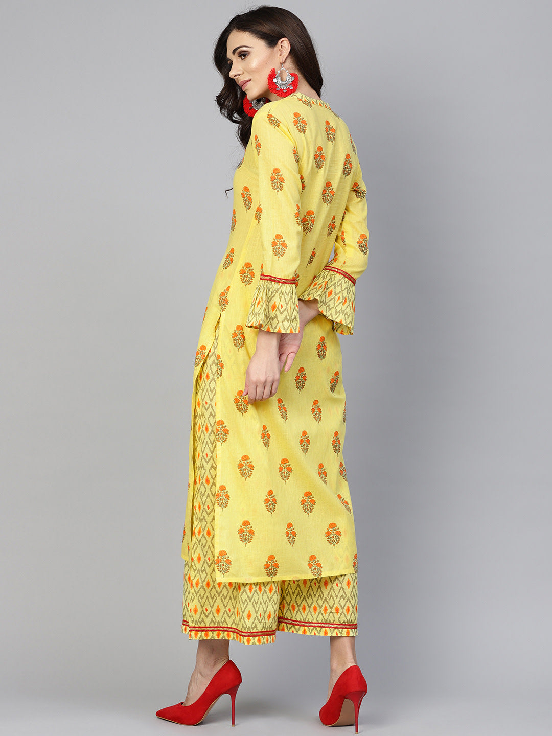 Yellow and grey printed kurta with palazzos - NOZ2TOZ