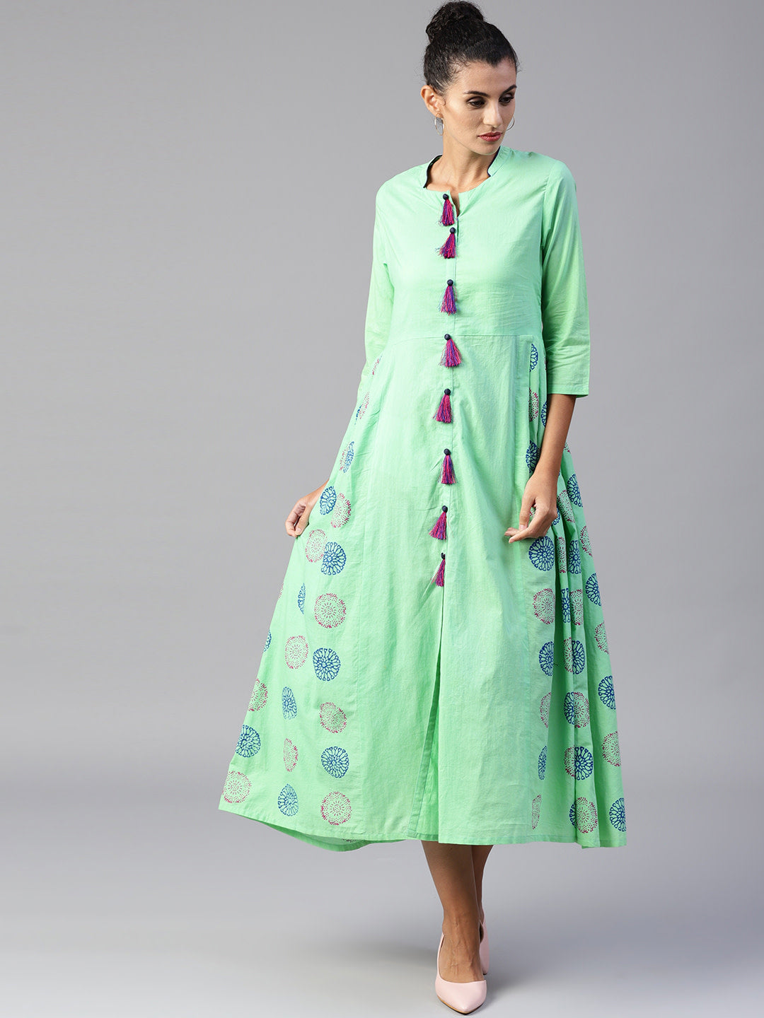 Women Sea green printed woven midi fit and flare dress - NOZ2TOZ