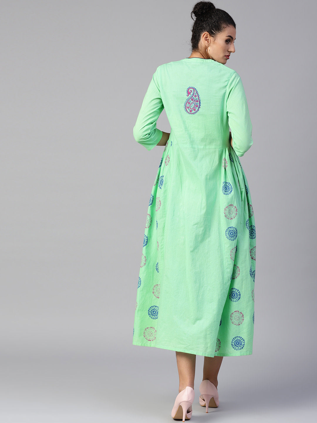 Women Sea green printed woven midi fit and flare dress - NOZ2TOZ