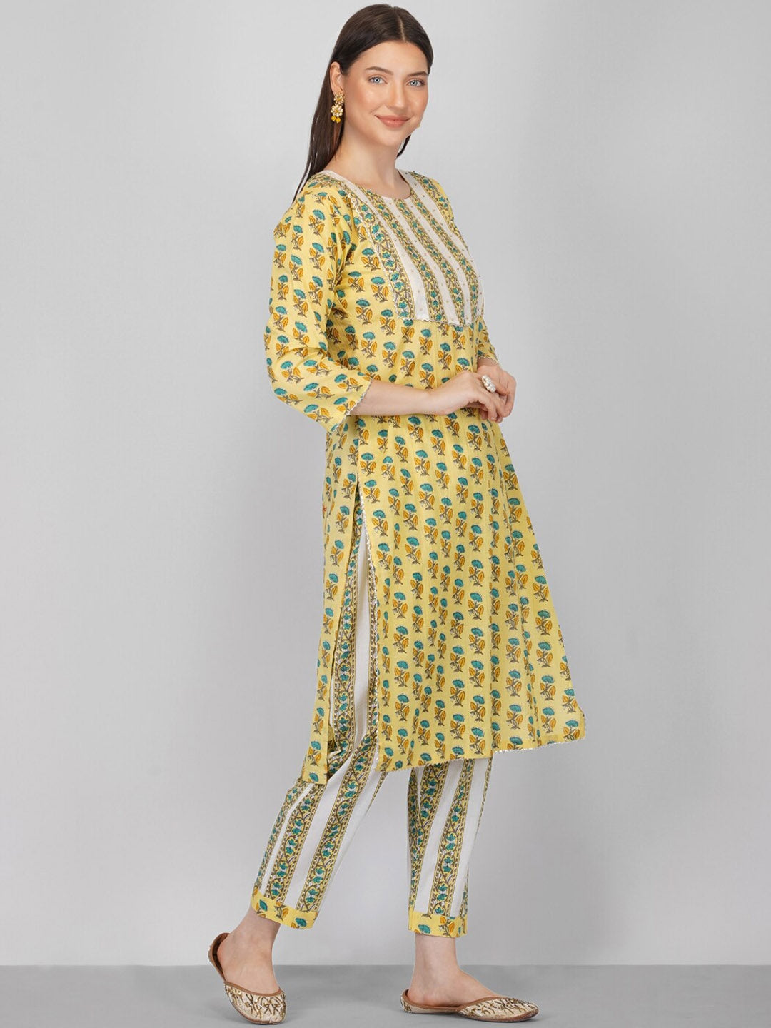 Women Yellow Ethnic Motifs Printed Pure Cotton Kurta with Trousers & Dupatta
