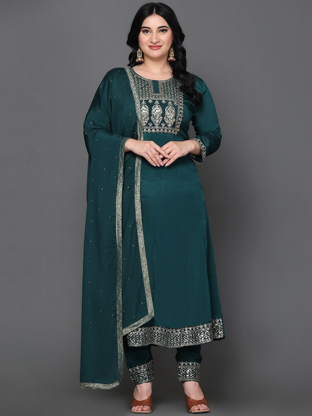 Ethnic Motifs Yoke Design Pure Silk Anarkali Kurta with Trousers & Dupatta