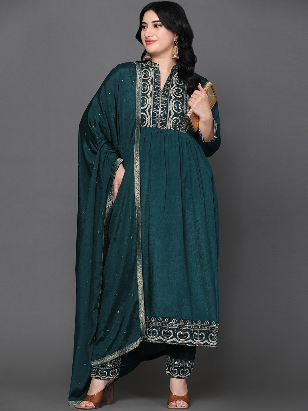 Ethnic Motifs Embroidered Pure Silk Kurta with Trousers & With Dupatta