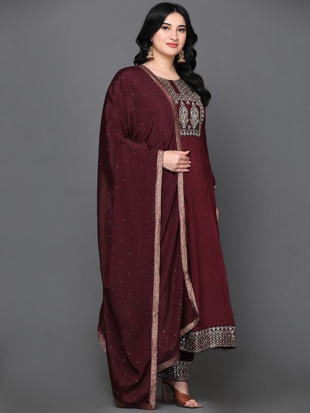 Embroidered Sequined Anarkali Pure Silk Kurta with Trousers & Dupatta
