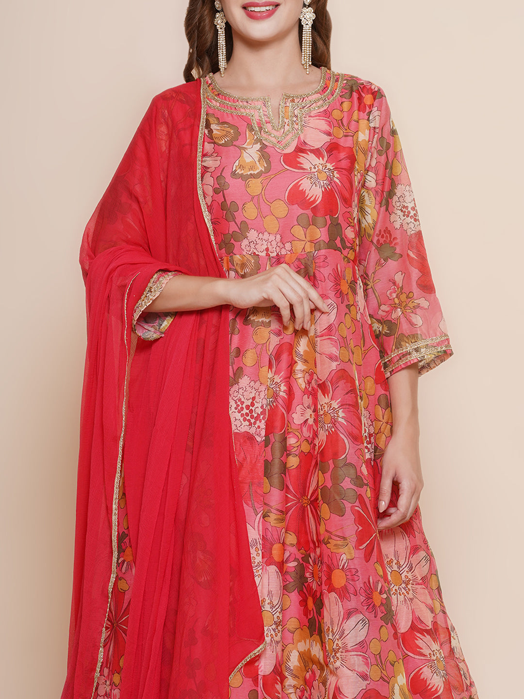 Red Floral Printed Flared Kurta with red palazzos & Dupatta