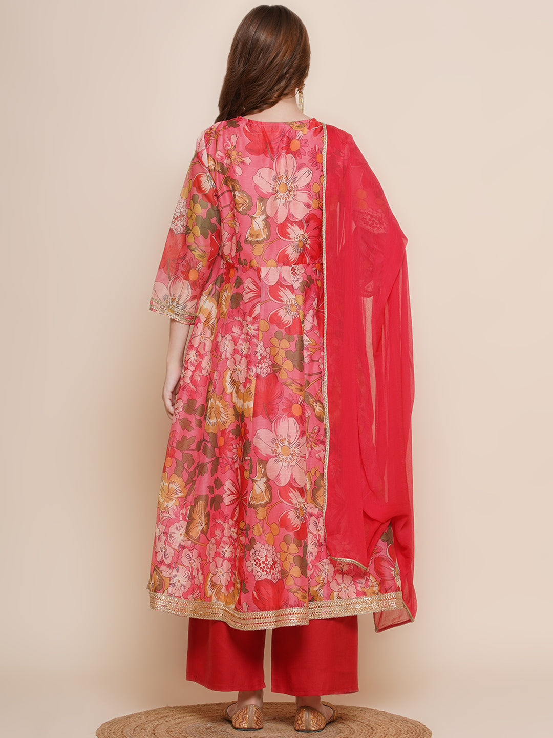 Red Floral Printed Flared Kurta with red palazzos & Dupatta