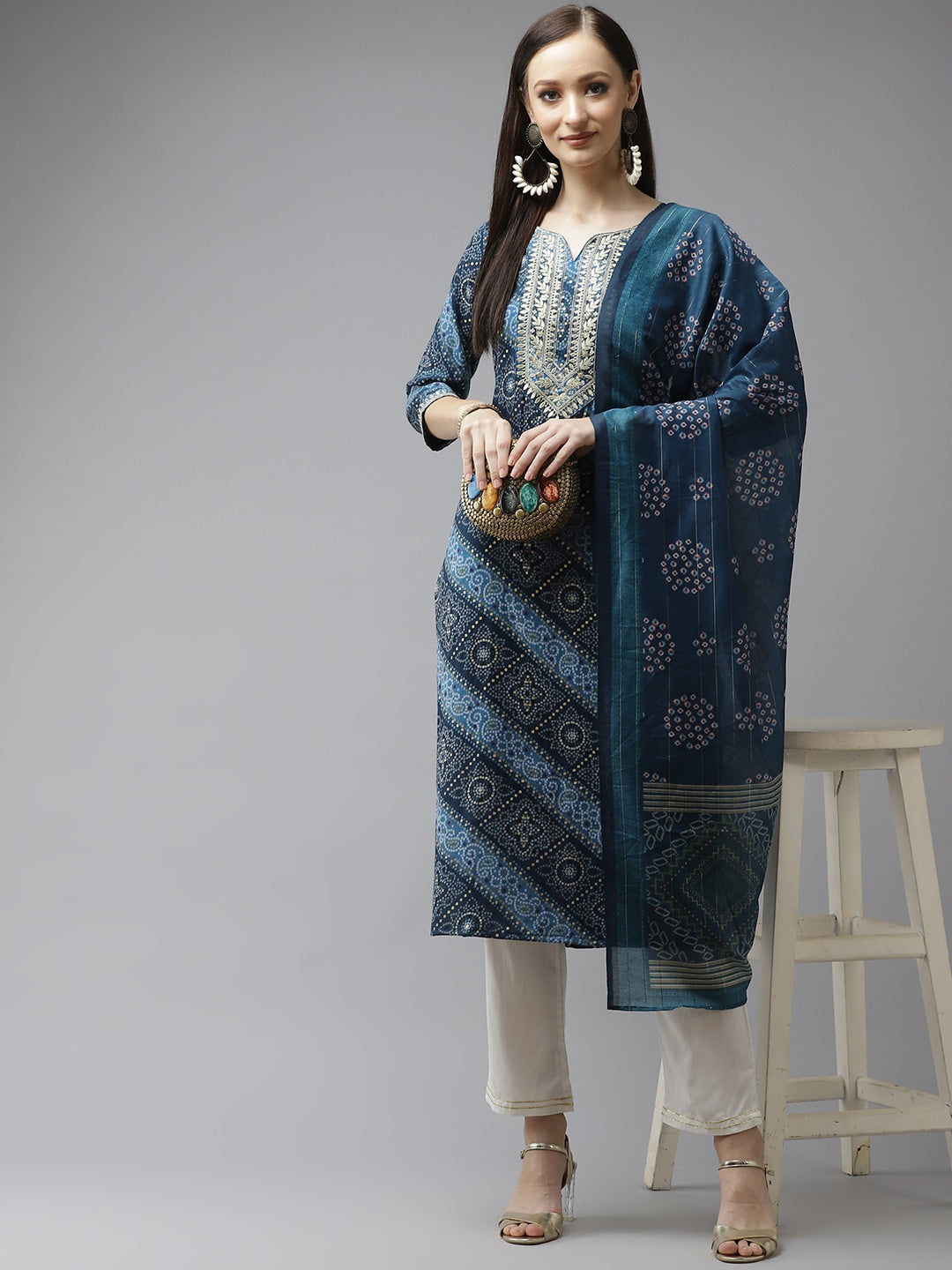Women Blue Bandhani Printed Dupatta Set