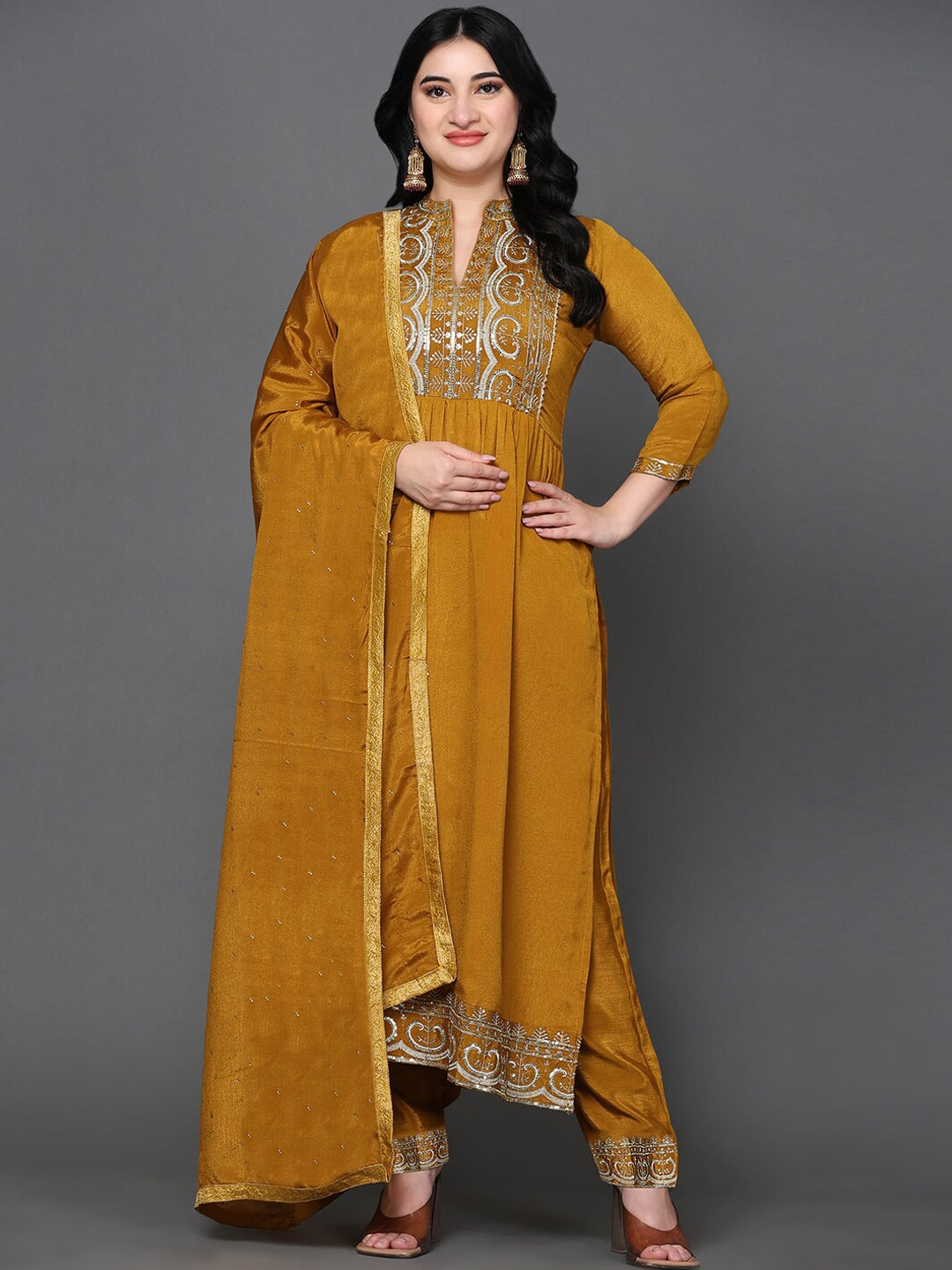 Ethnic Motifs Embroidered Sequined Pure Silk Kurta with Trousers & Dupatta