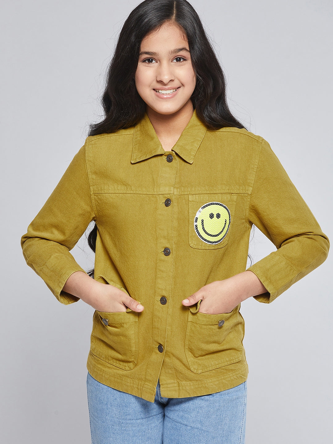N2Z2TOZ - Girls Mustard SMILEY Patch Denim Jacket