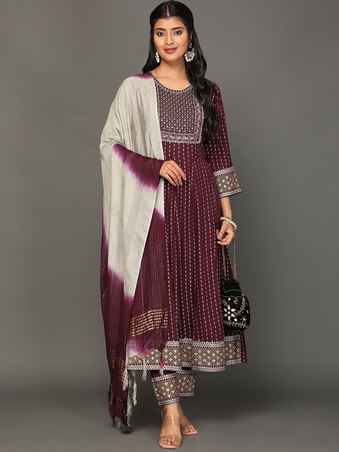Floral Embroidered Zari Sequined Anarkali Kurta with Trousers & Dupatta