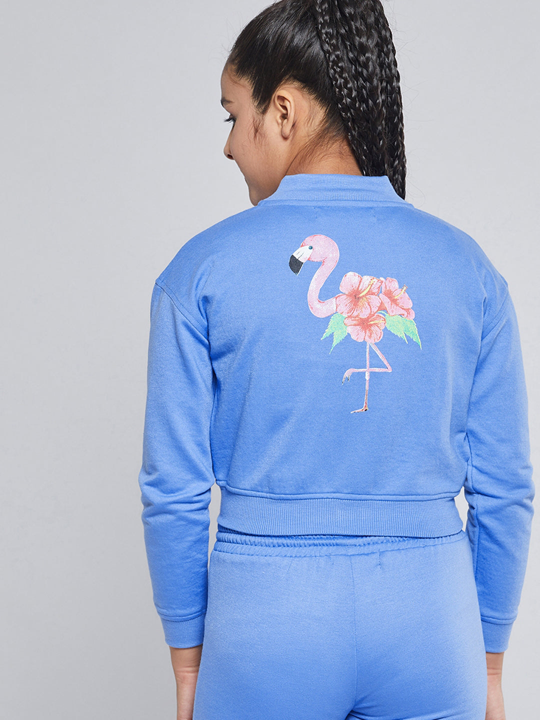 N2Z2TOZ - Girls Blue Fleece Flamingo Bomber Jacket